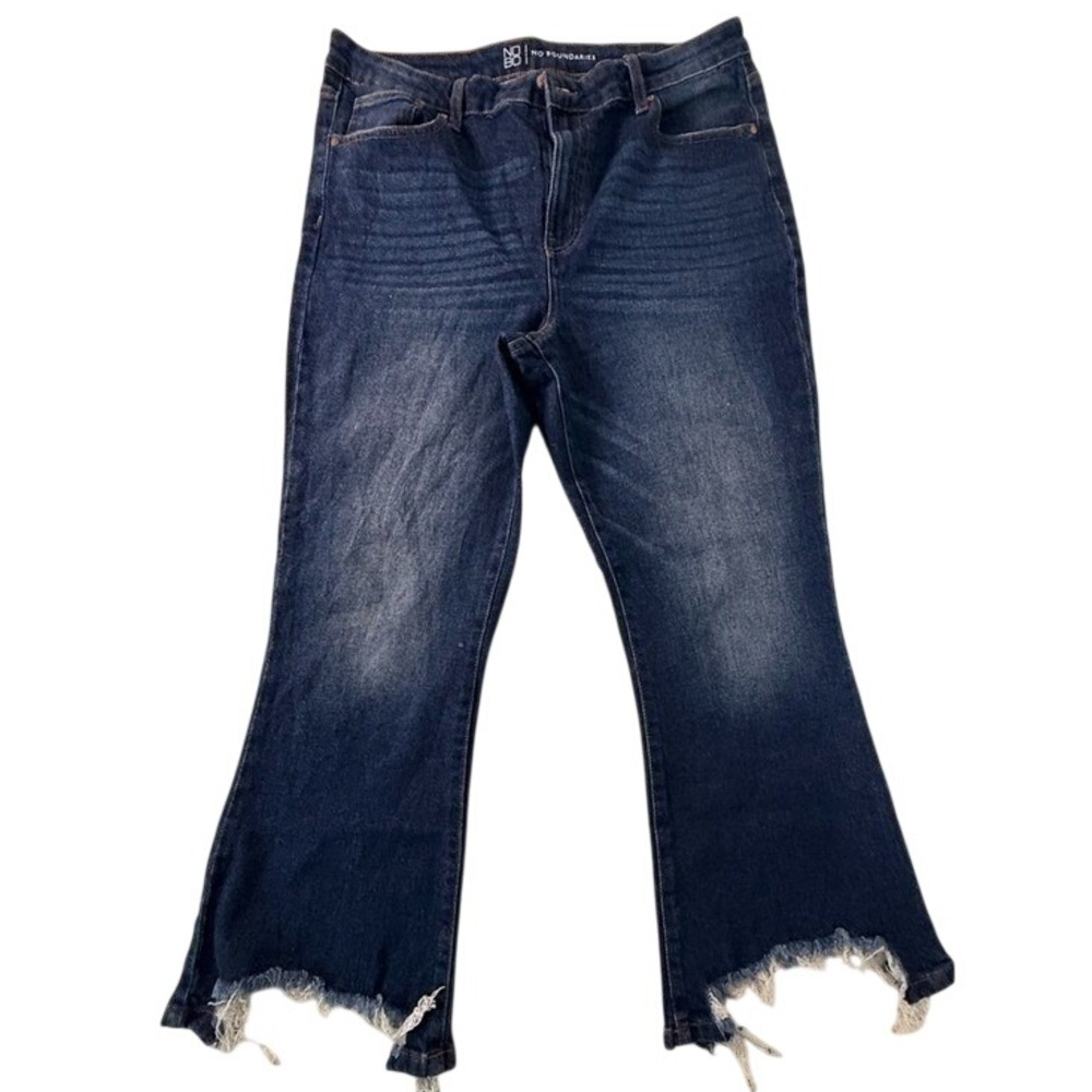 No Boundaries Women Dark Wash High Rise Flare Jeans Raw Frayed Hem Size 15